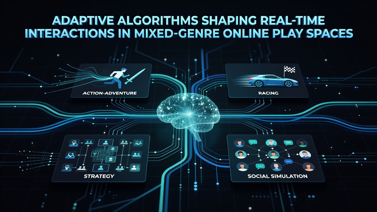 Diagram illustrating real-time data flows between genre modules in adaptive online gaming systems