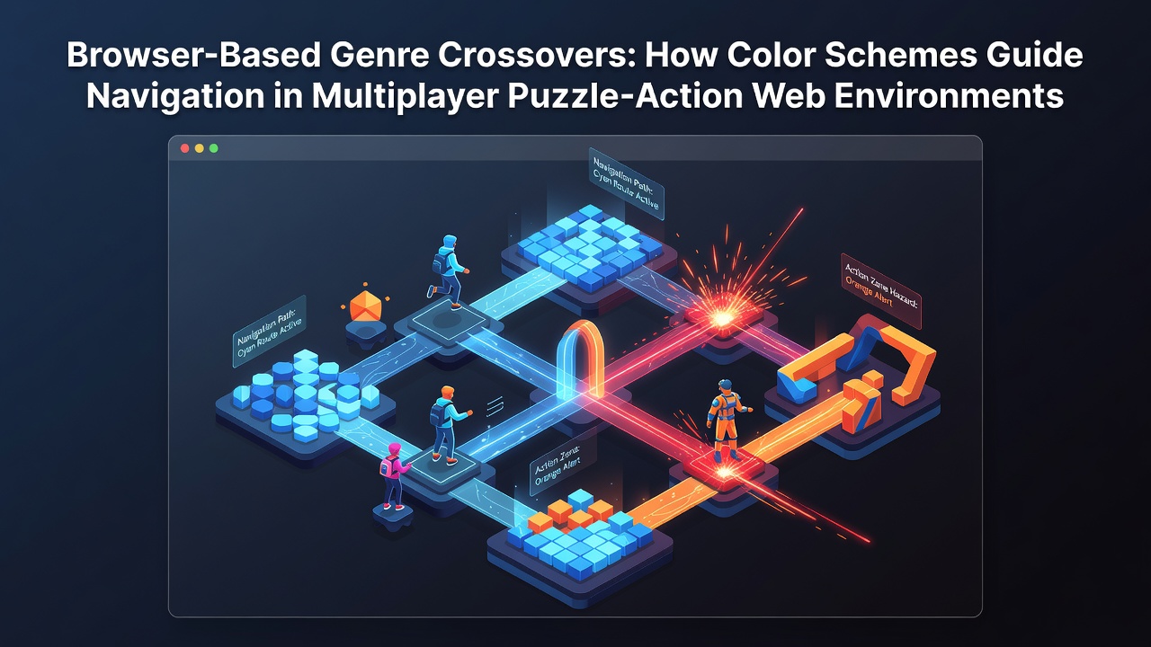 Color-coded interfaces in browser puzzle-action games showing navigation elements