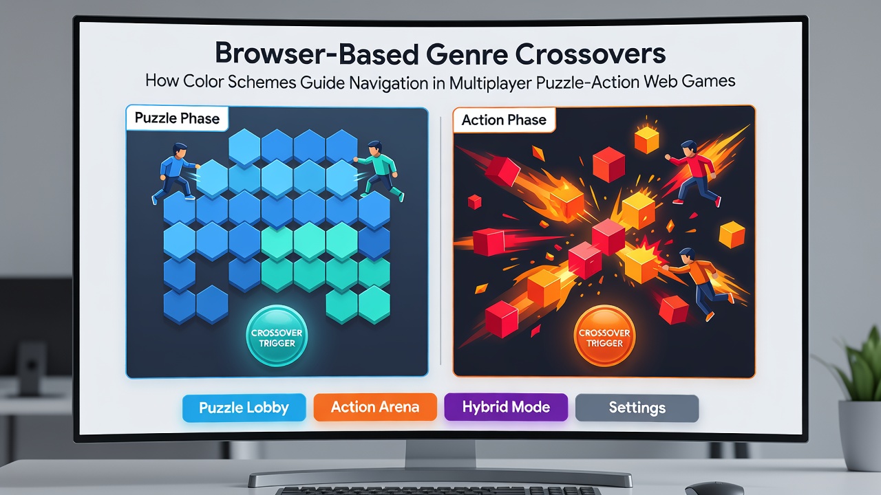 Multiplayer browser game interface with layered color navigation for puzzle and action elements