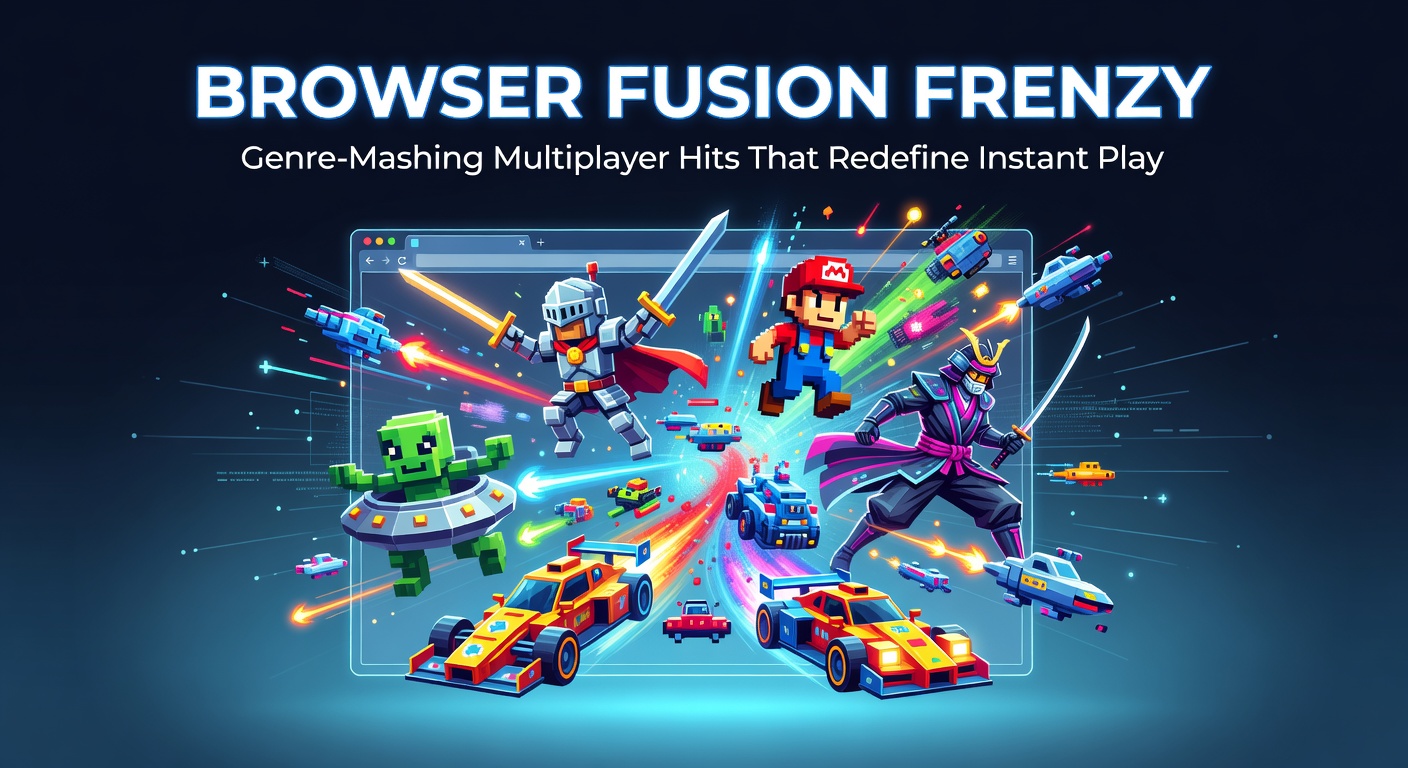 Vibrant screenshot of players in a chaotic multiplayer browser game blending shooter, puzzle, and racing elements amid explosive action