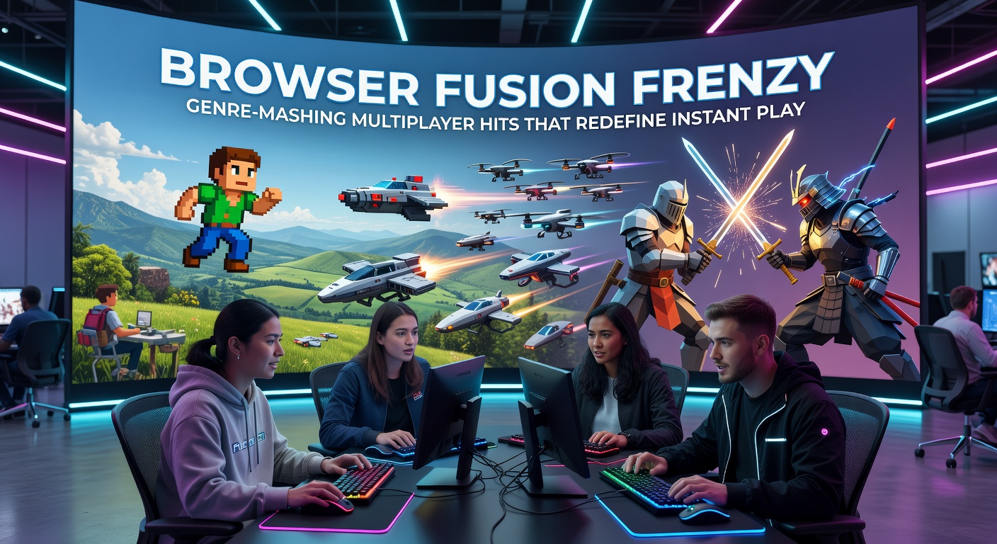 Dynamic in-game view of genre-fused multiplayer chaos, featuring racers dodging puzzle traps and shooter barrages in a neon-lit arena