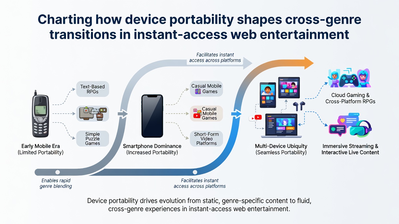 Cross-genre transitions illustrated through browser interfaces on laptops and mobile devices