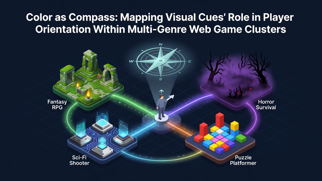 Visual representation of color-coded navigation paths in a multi-genre web game interface showing directional cues across puzzle and strategy elements