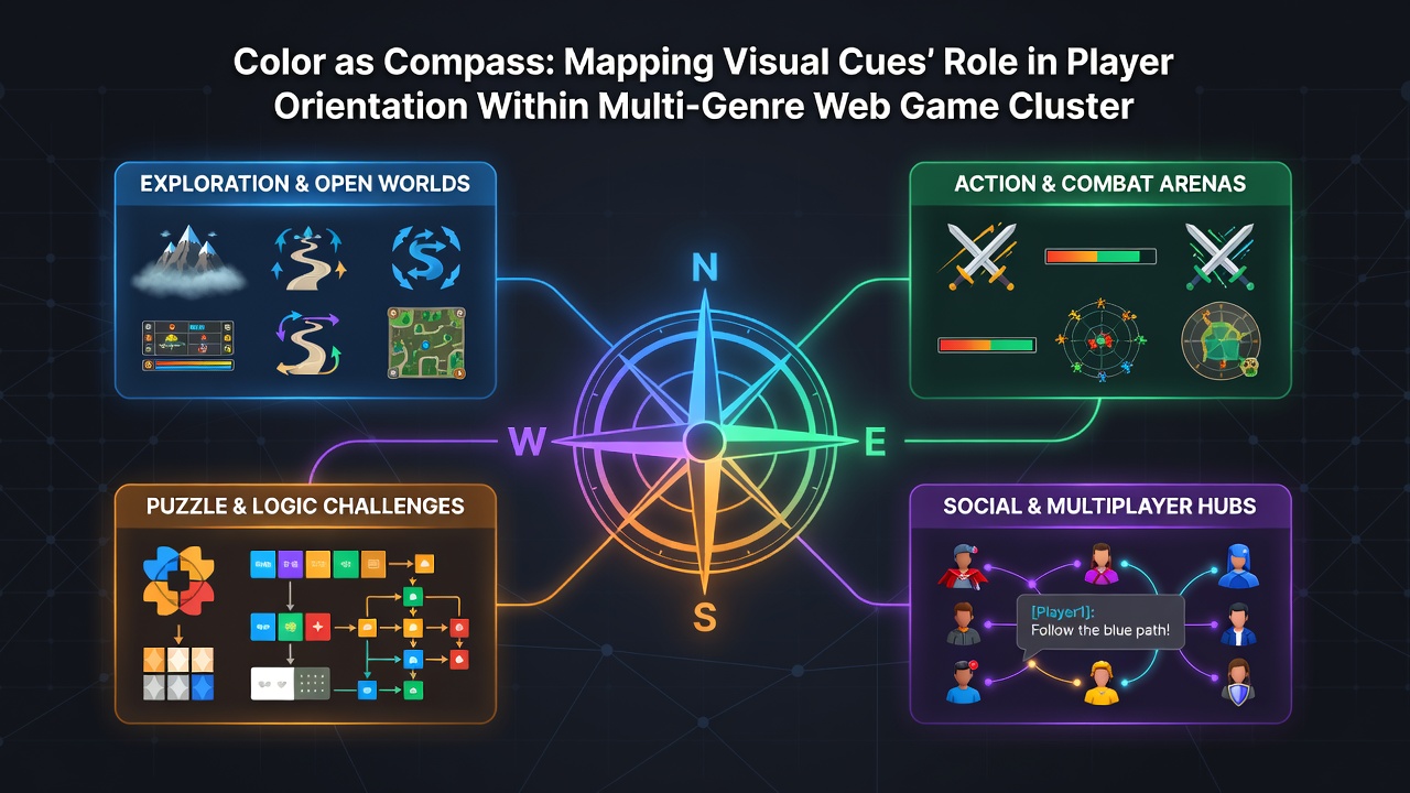 Heatmap overlay demonstrating player attention distribution based on color-coded visual cues in a browser game cluster combining shooting and adventure elements