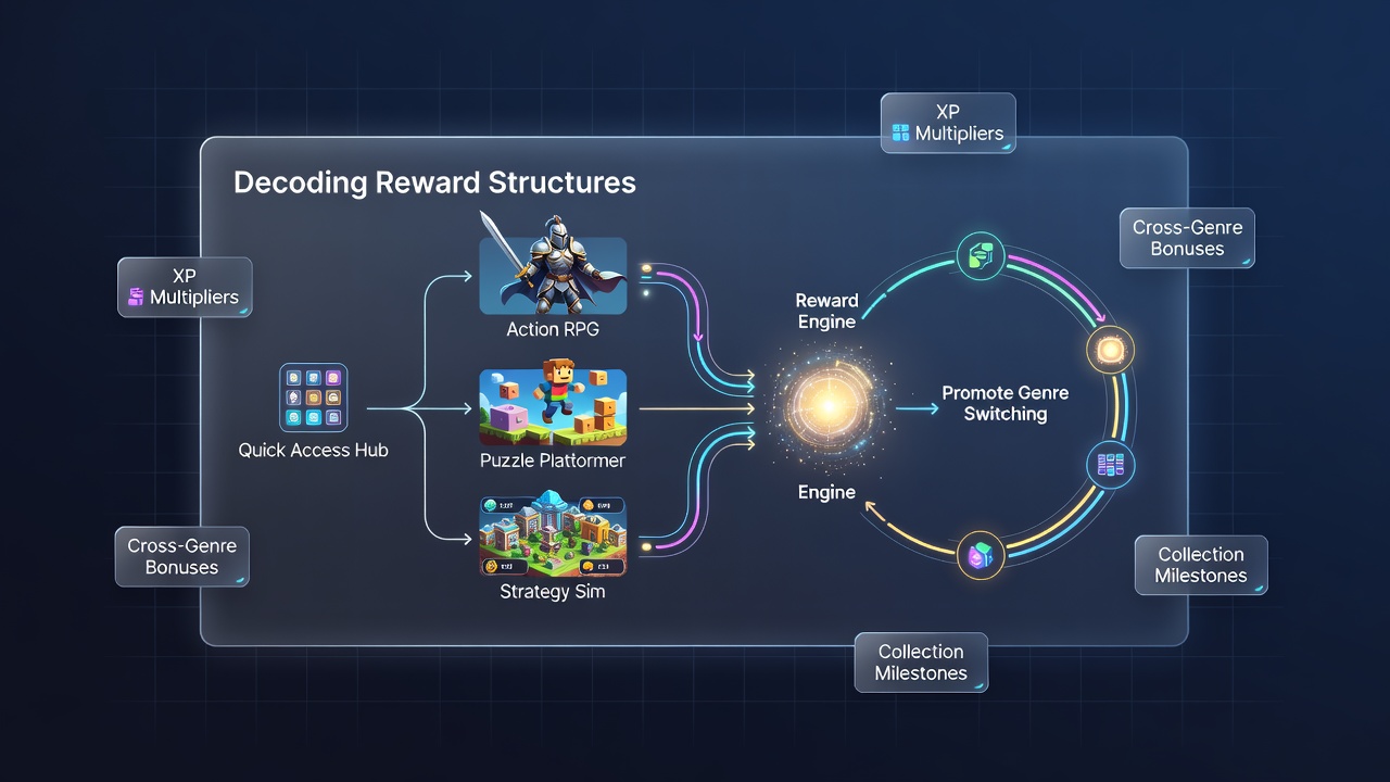 Visual representation of interconnected reward icons across puzzle, racing, and strategy game interfaces in a digital collection