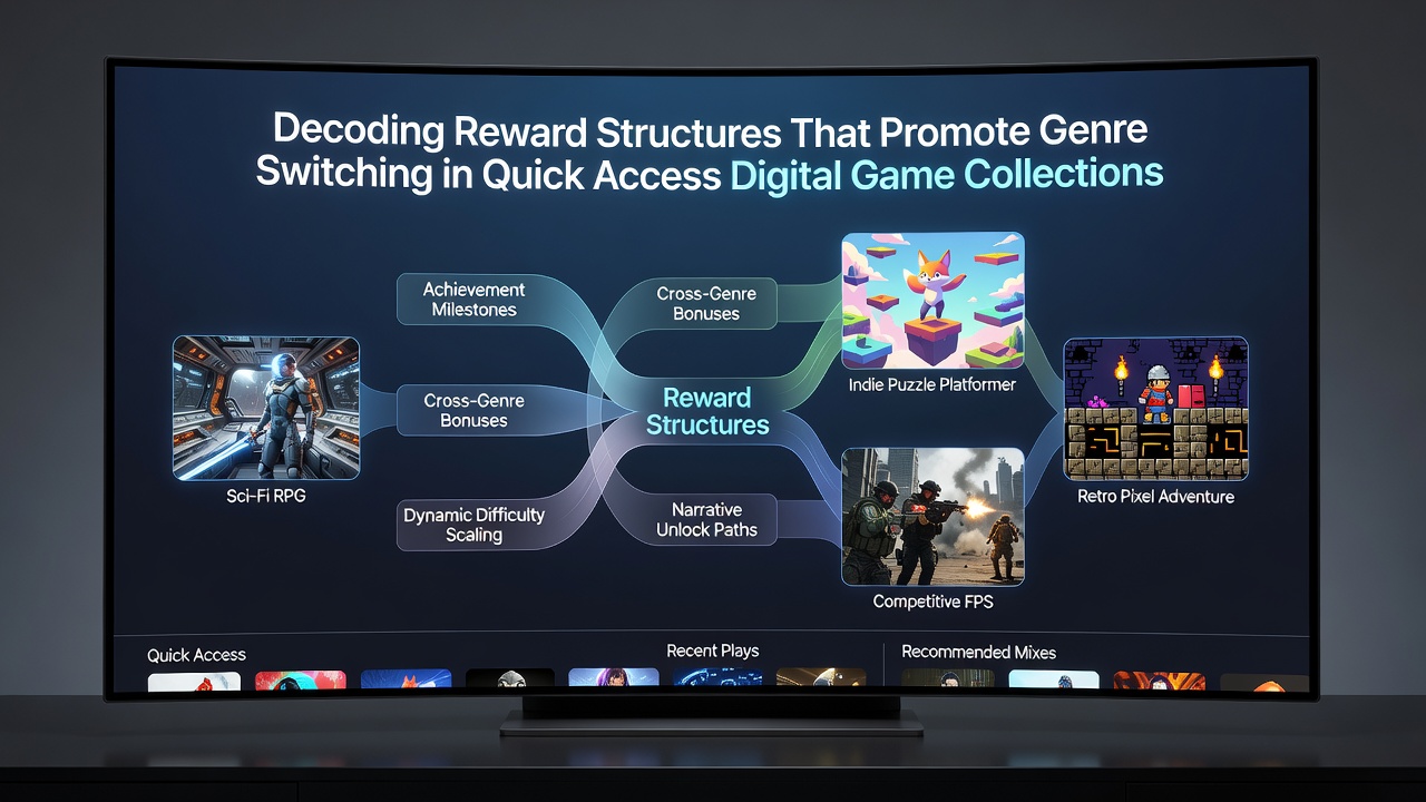 Dashboard screenshot showing genre switch counters, shared currency balances, and achievement progress across multiple quick-access titles