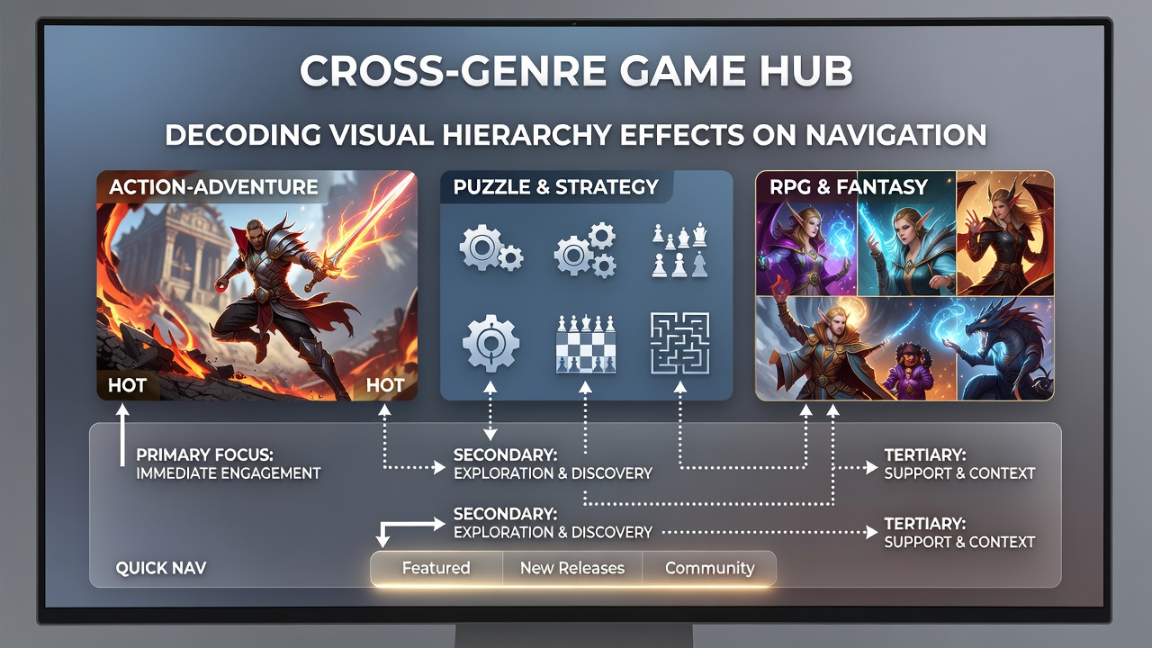 Player eye-tracking heatmaps illustrating navigation flow through visual layers in a cross-genre browser game hub