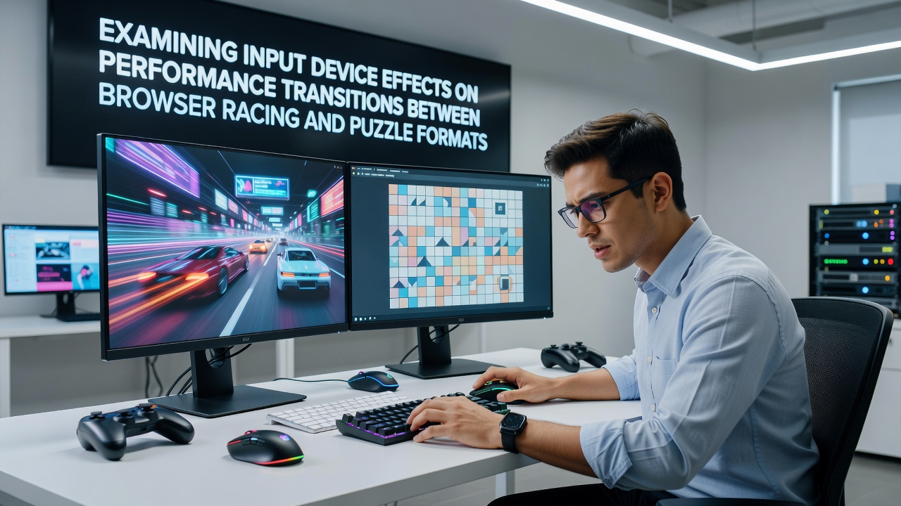 Input devices like keyboards and mice laid out beside browser game interfaces showing racing tracks and puzzle grids on screen