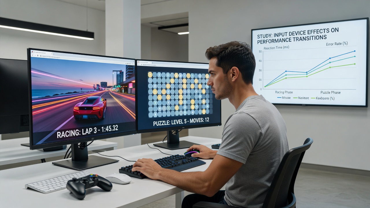 Close-up view of hands using different input devices while browser windows display side-by-side racing and puzzle gameplay