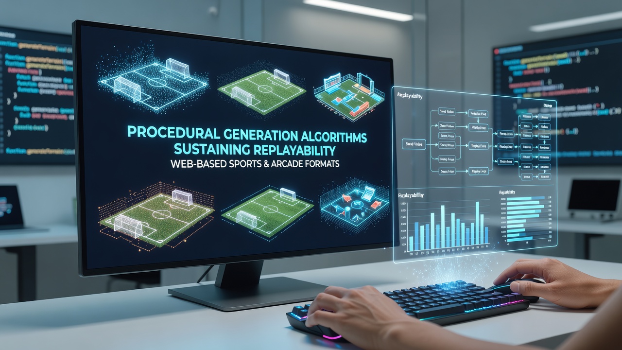 Visual representation of procedural generation algorithms creating varied sports fields and arcade levels in browser games