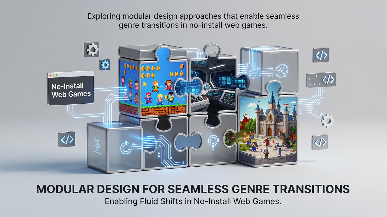 Diagram showing modular components connecting different game genres in browser environments