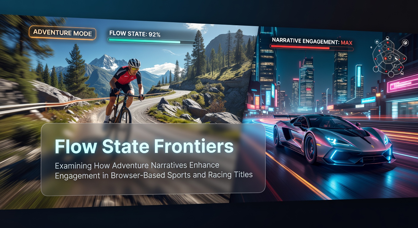 Browser-based racing game interface showing adventure narrative overlays with quest markers and story elements integrated into a sports track