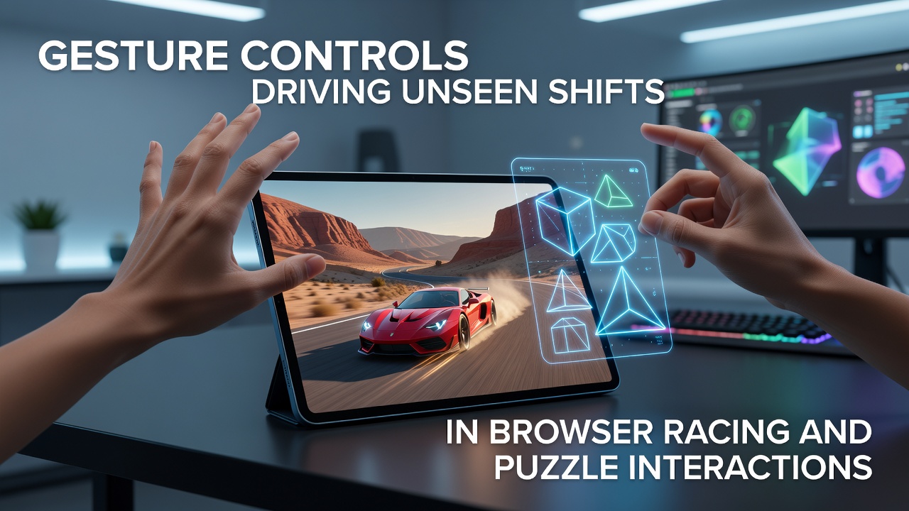Browser interface showing gesture-based racing controls with swipe indicators on a puzzle-racing hybrid game