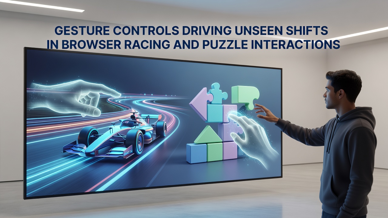 Close-up of puzzle interaction using hand gestures in a browser racing game environment