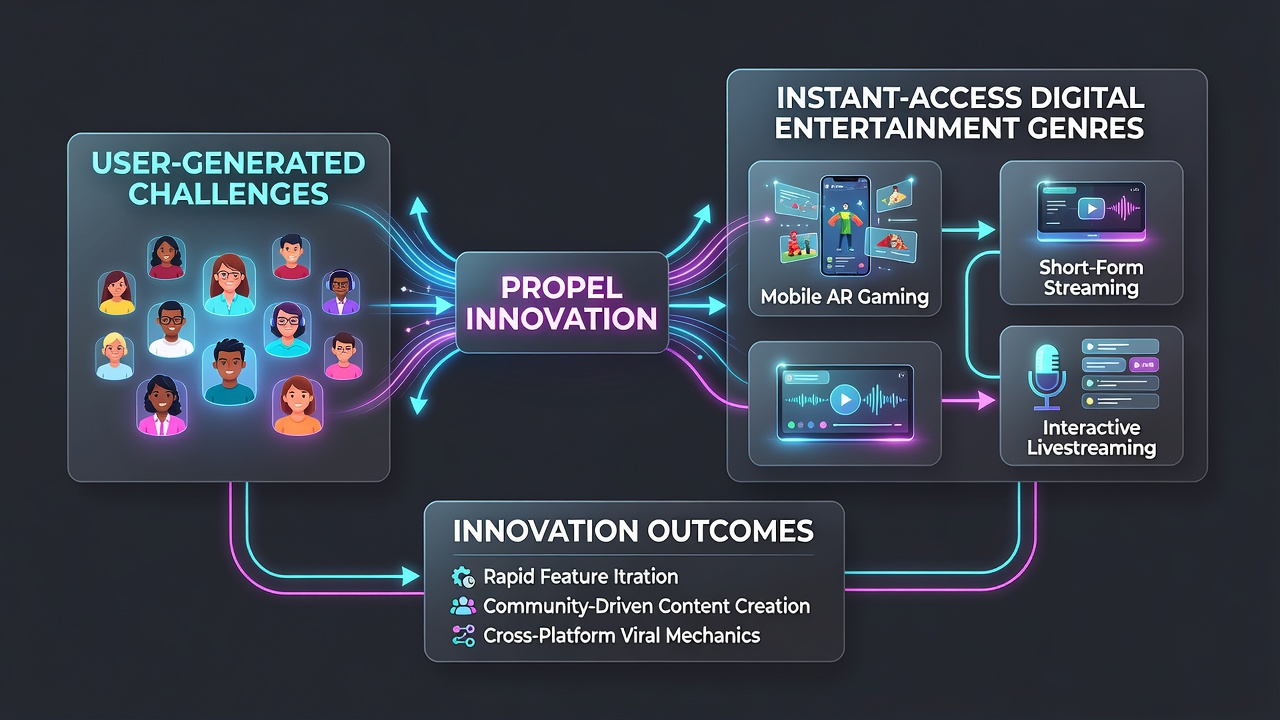 Community-driven challenge mechanics visualized in instant digital entertainment interfaces