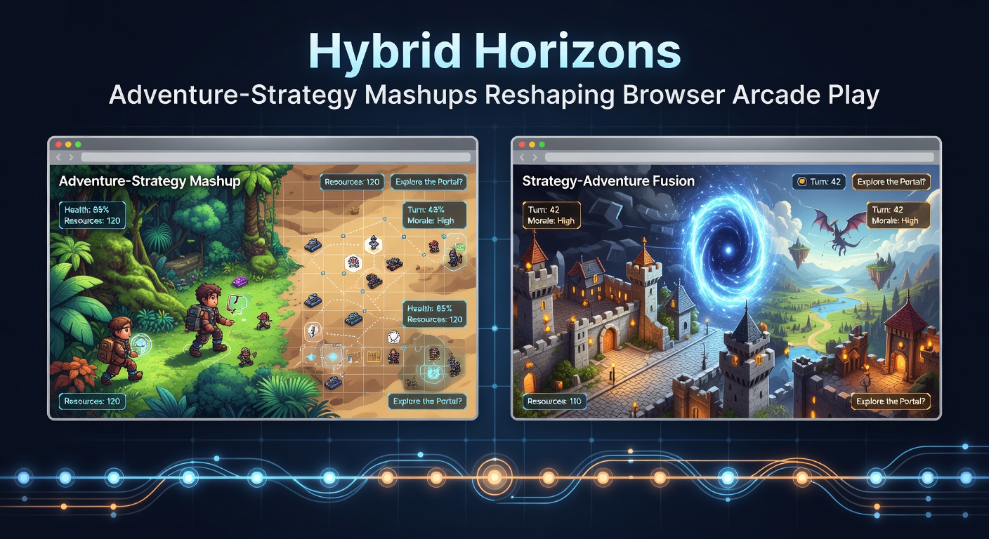 Vibrant browser game screenshot showing a player exploring a mystical landscape while managing strategic resources and tactical units in real-time