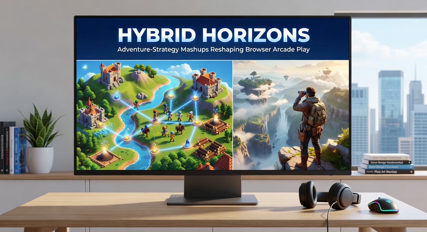 Dynamic in-game view of a strategy-adventure hybrid featuring base construction amid exploratory quests in a browser arcade environment