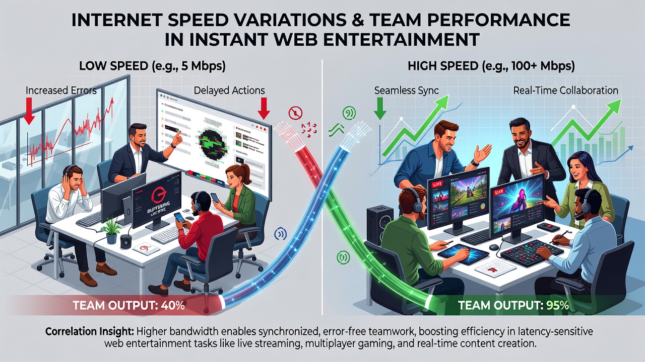 Team performance charts comparing high-speed and variable internet connections in browser games