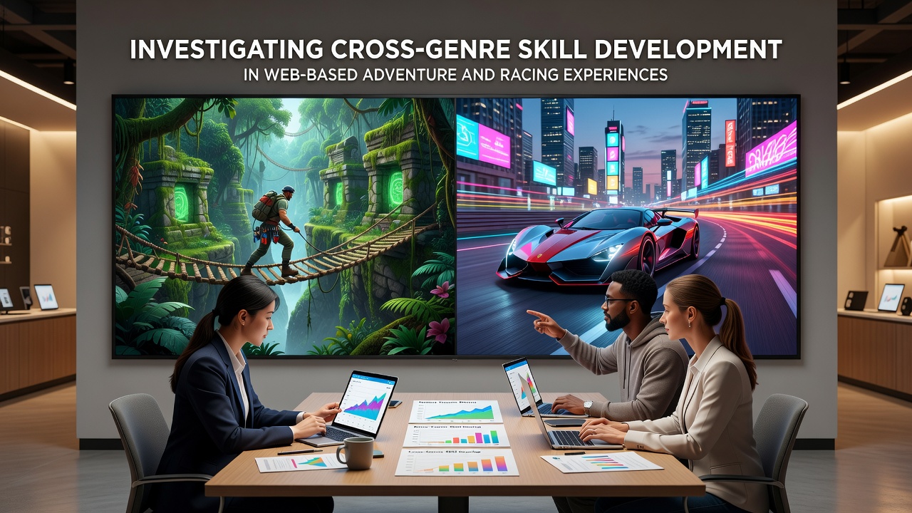 Player statistics dashboard showing skill metrics across adventure and racing browser sessions