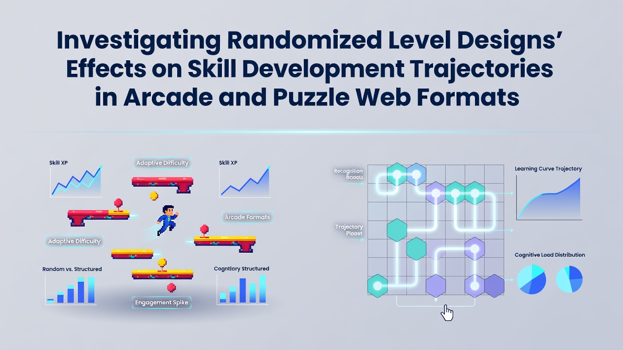 Visual representation of randomized level layouts in browser-based arcade and puzzle games showing varied grid configurations and player progression paths