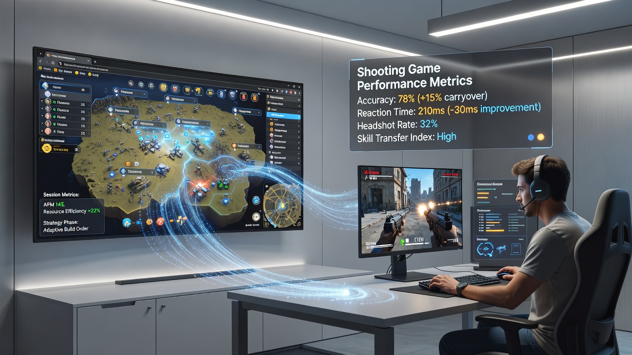 Graph displaying performance metrics correlation between browser strategy sessions and shooting game accuracy rates across multiple player cohorts