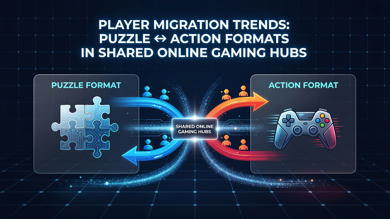 Players switching between puzzle and action game formats in a shared online hub interface