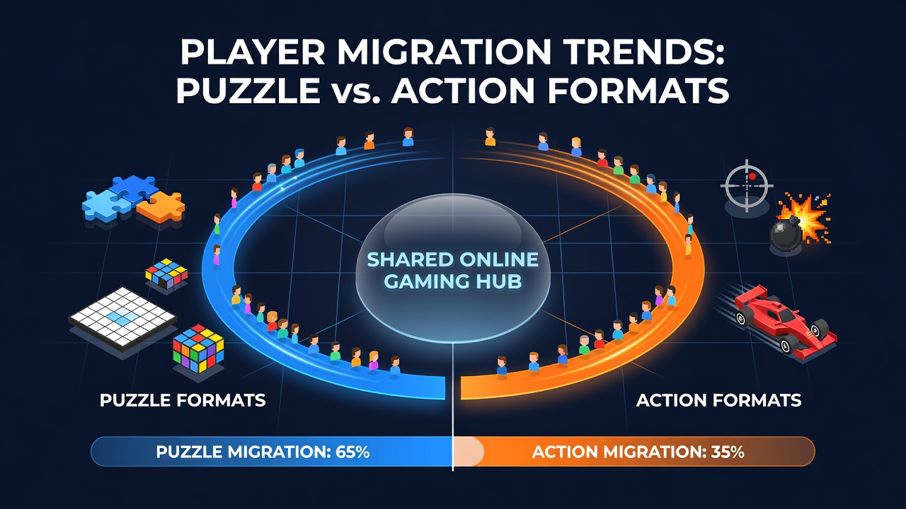 Dashboard view showing player activity flows between puzzle and action sections in an online gaming platform