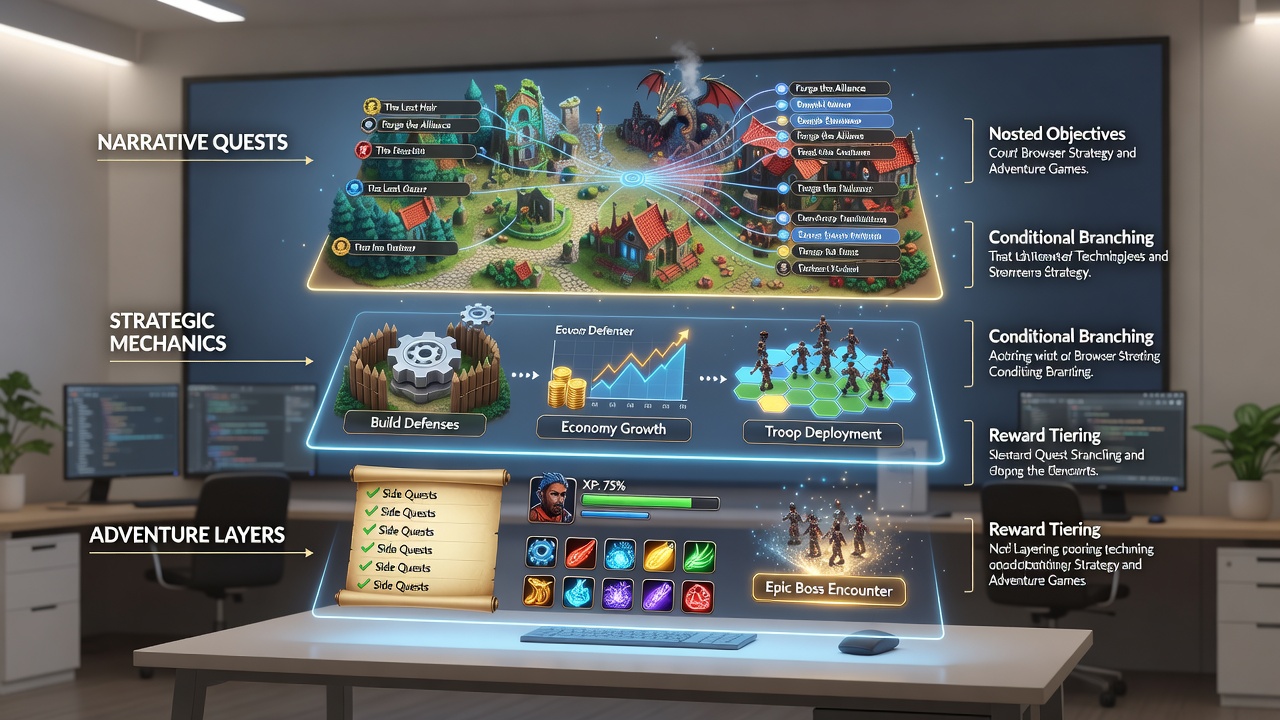Screenshot example of layered narrative quests in a browser adventure game interface