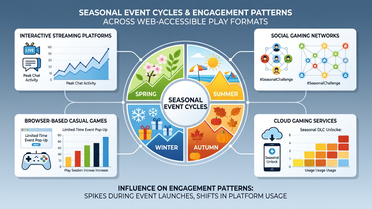 Infographic displaying comparative engagement metrics for spring, summer, autumn, and winter events in web-accessible multiplayer formats