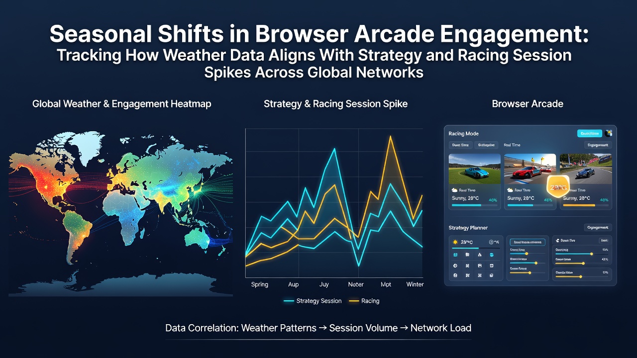 Global network maps displaying browser arcade session spikes correlated with seasonal weather patterns in strategy and racing genres