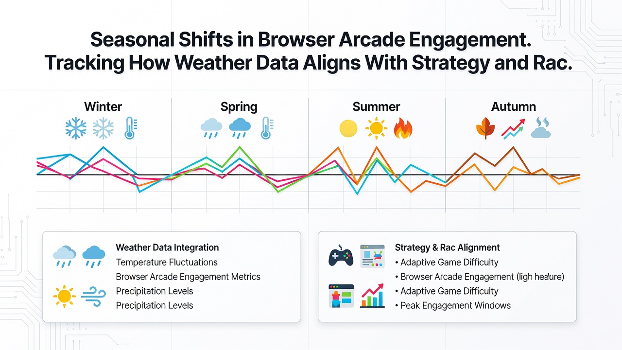 Charts and graphs illustrating weather data overlays on browser arcade engagement metrics for racing and strategy titles