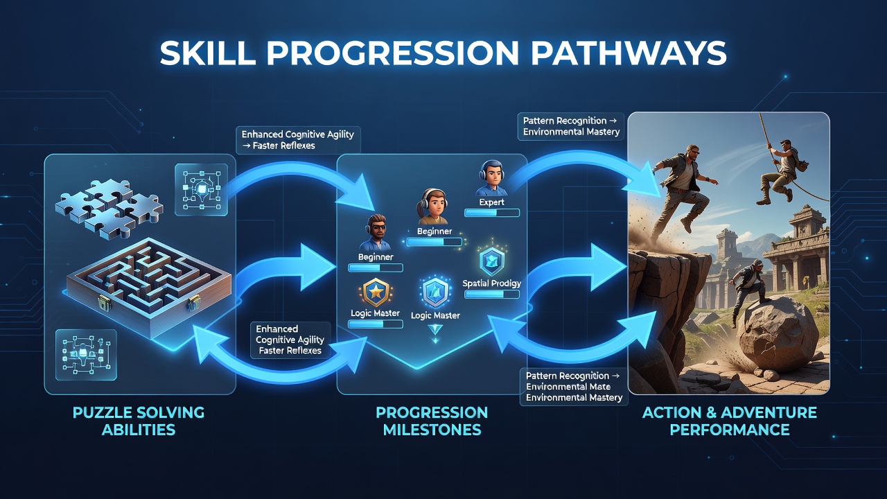 Diagram illustrating cognitive skill transfer from puzzle mechanics to navigation and combat sequences in browser-based action adventure titles