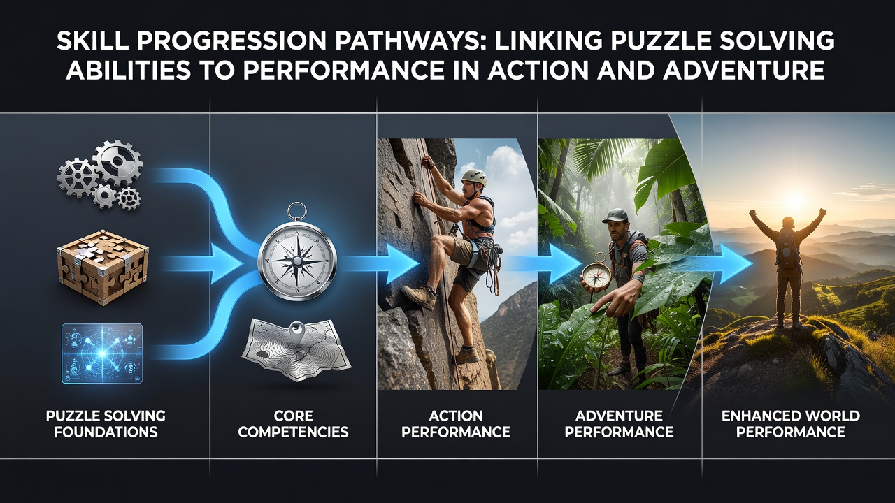 Performance graph comparing puzzle-trained players versus control groups across adventure exploration and action response tasks in web environments