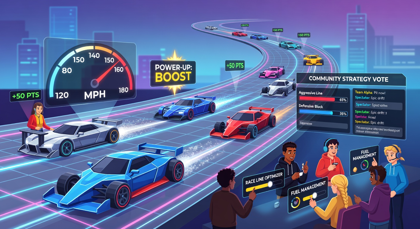 Community strategy web game showing integrated racing tracks and arcade power-ups during multiplayer sessions