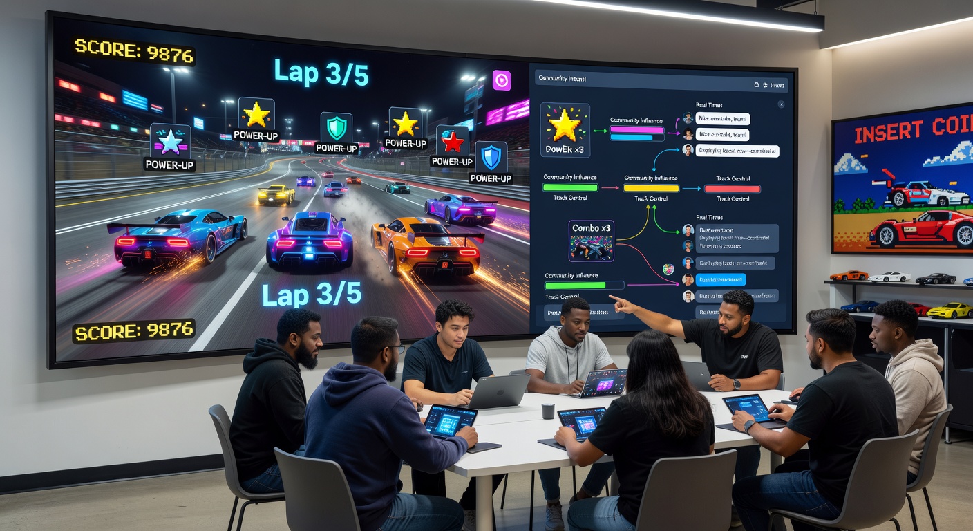 Arcade power-ups activating during a racing phase in a community strategy web game interface