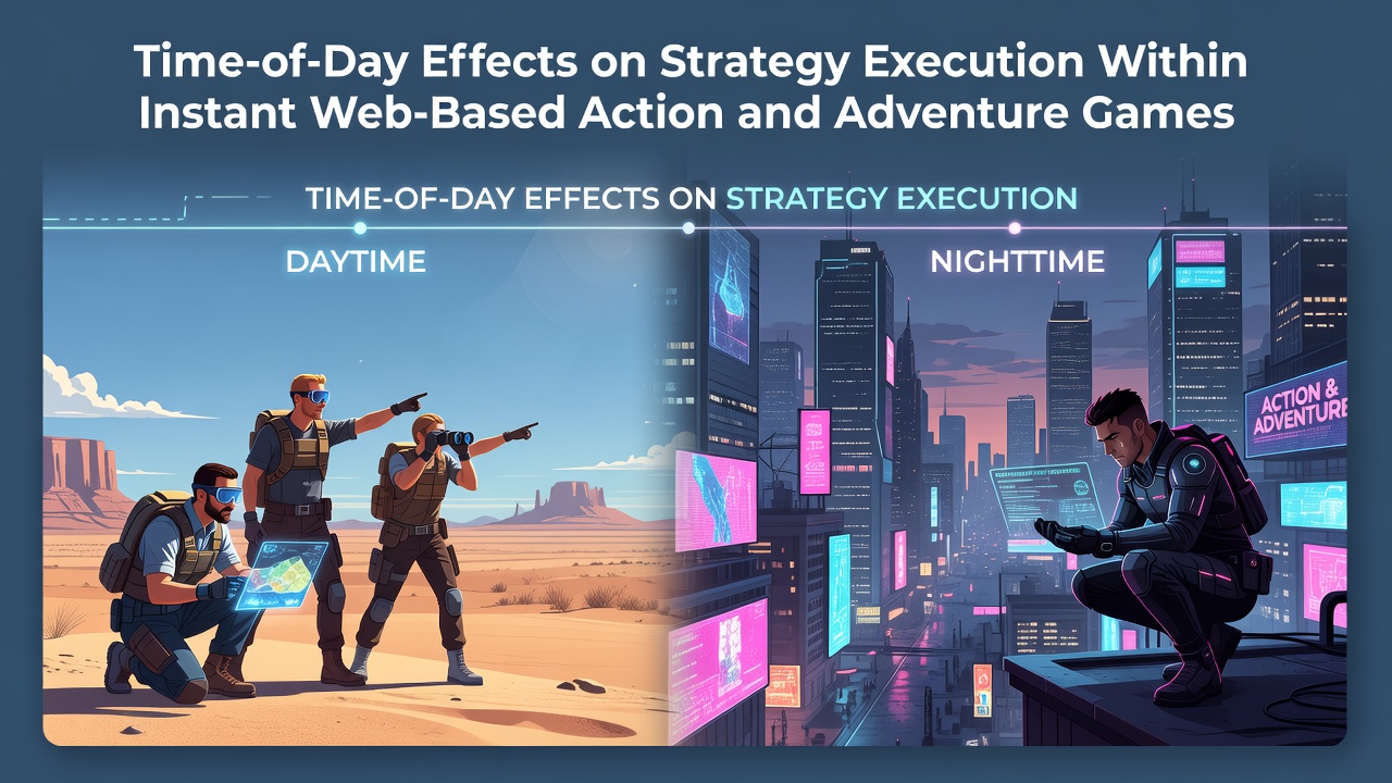 Players engaged in browser-based action and adventure games during different times of day, showing interface elements and strategic gameplay moments