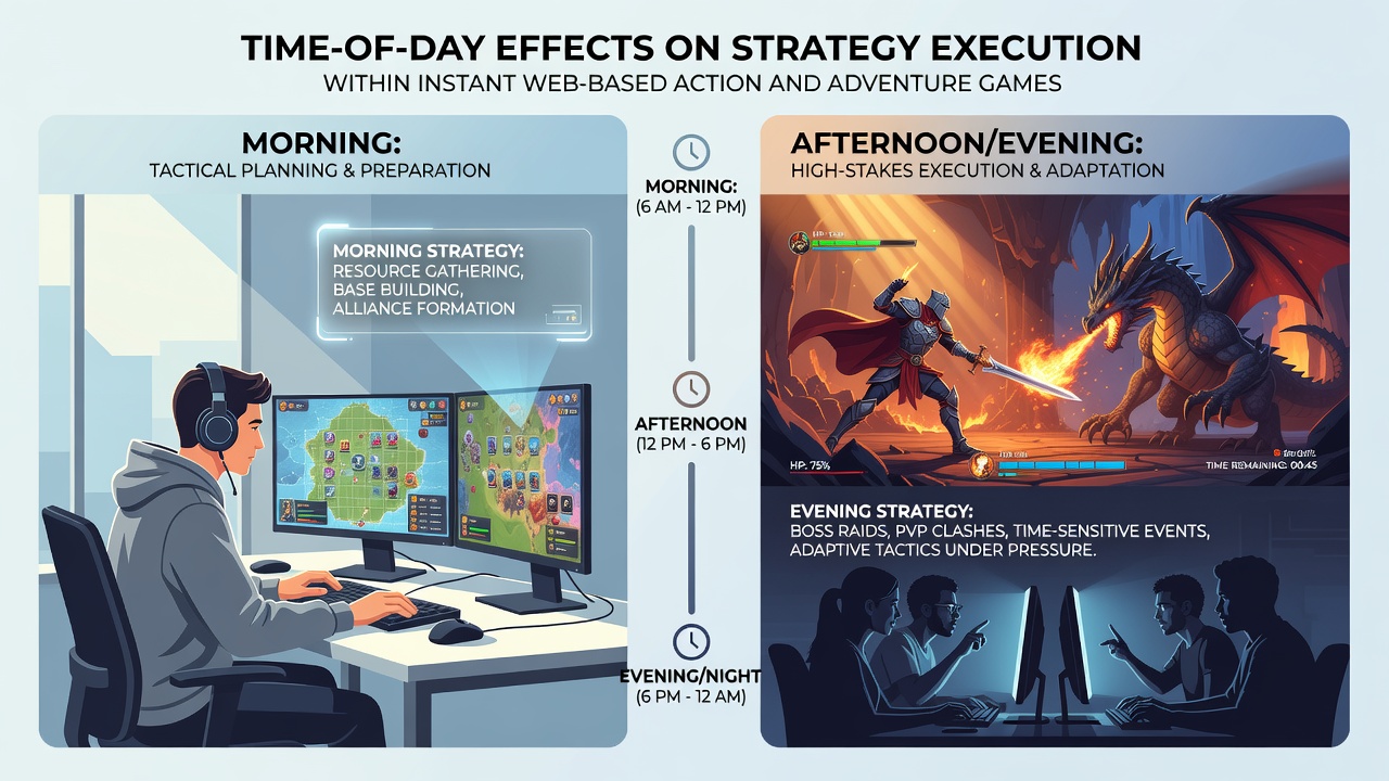 Analytics dashboard displaying time-of-day performance graphs for strategy execution in web action and adventure games