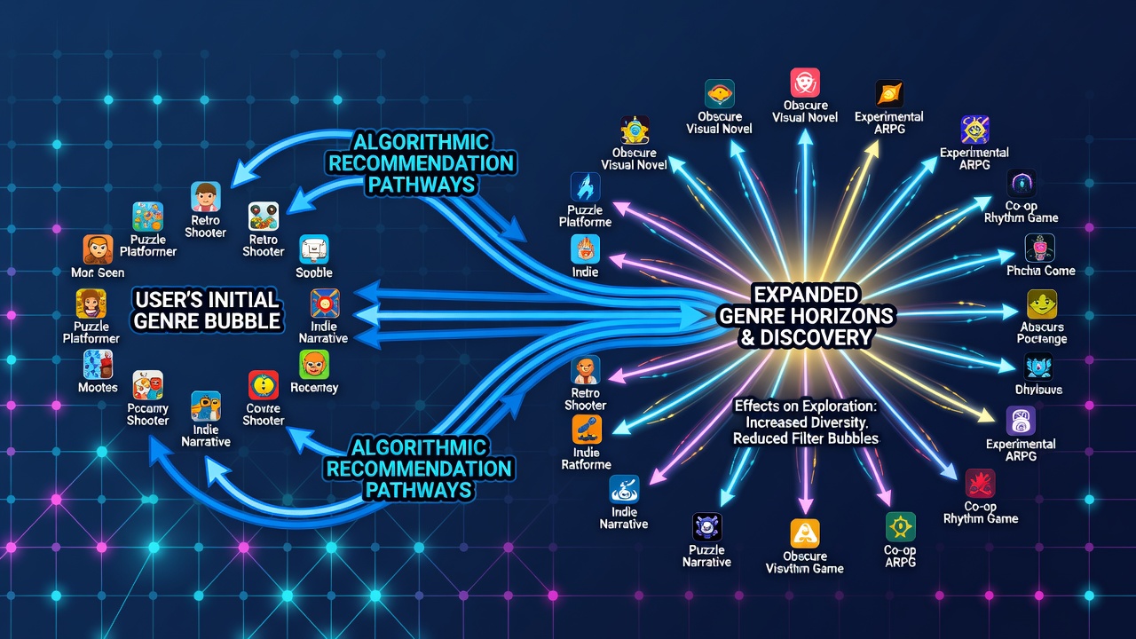 Visualization of recommendation algorithms directing players through interconnected genre nodes in browser-based gaming portals