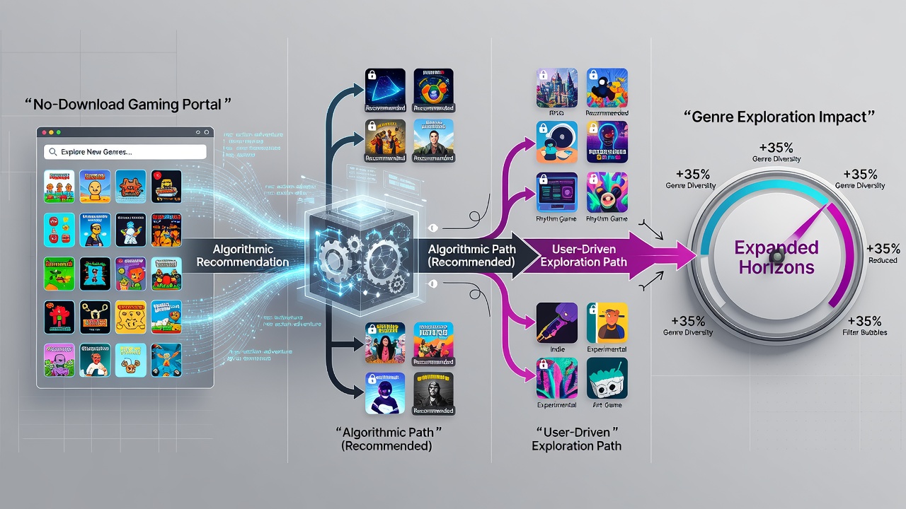Chart displaying genre transition flows influenced by algorithmic suggestions over six-month user journeys