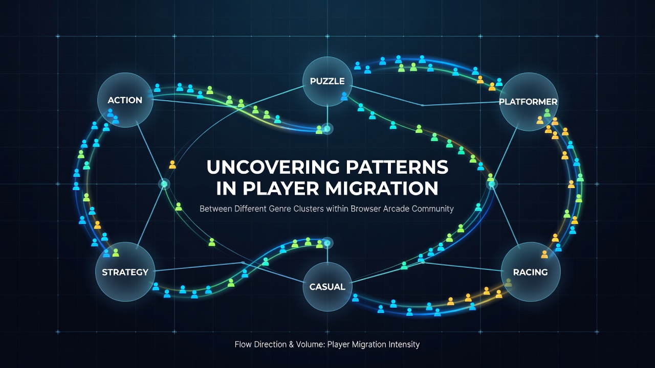 Heatmap showing migration intensity between browser arcade genre clusters over monthly periods