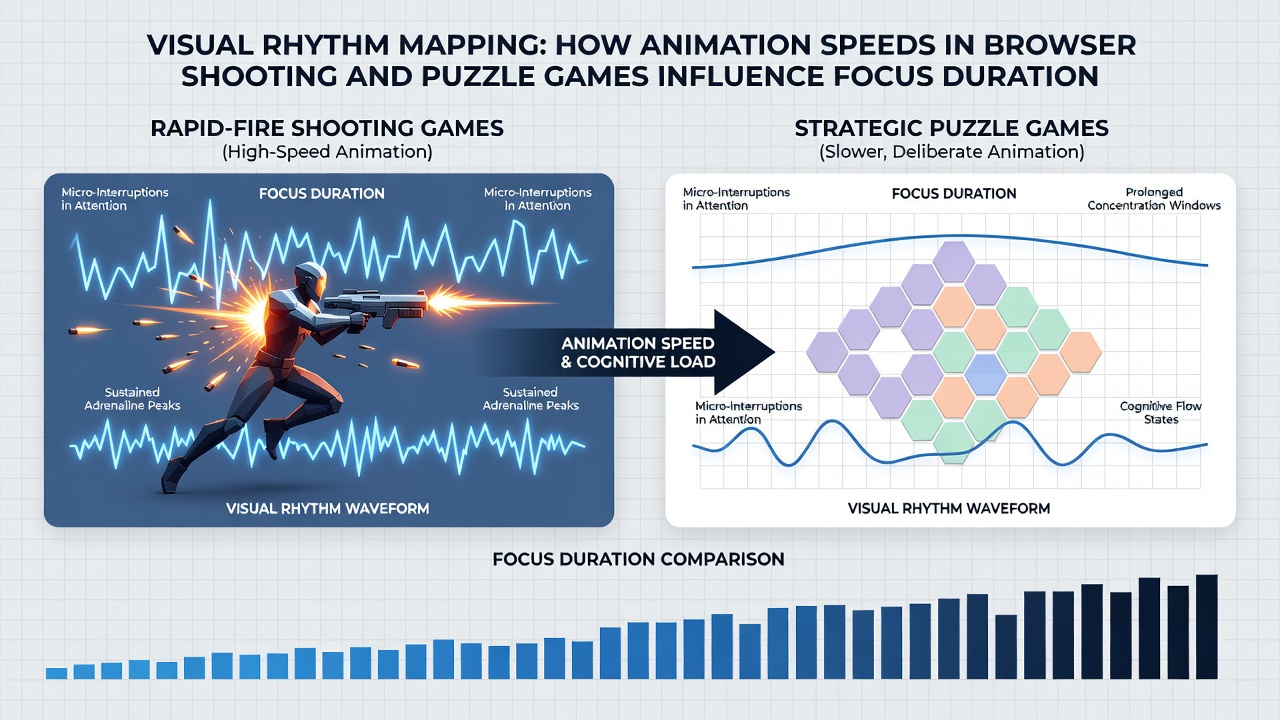 Graph and gameplay screenshots illustrating focus duration changes tied to different animation speeds in shooting and puzzle browser games